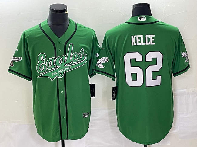 Men's Philadelphia Eagles #62 Jason Kelce Green Cool Base Stitched Baseball Jersey